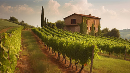Italian vineyard landscape with a hous. Generative AIの素材