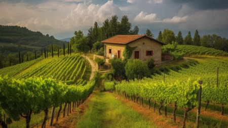 Italian vineyard landscape with a hous. Generative AIの素材