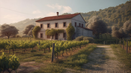 Italian vineyard landscape with a hous. Generative AIの素材