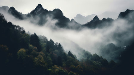 Mountains in the fog. Generative AIの素材