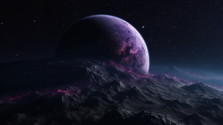 Purple Earthlike Planet in Dark Space. Generative AIの素材