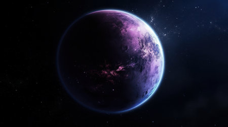 Purple Earthlike Planet in Dark Space. Generative AIの素材