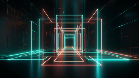 Neon Symmetry A Futuristic 3D Rendering. Generative AIの素材