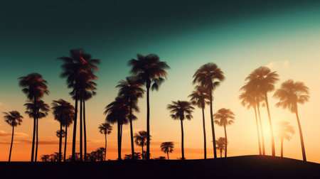 Palm trees silhouettes on summer beach. Generative AIの素材