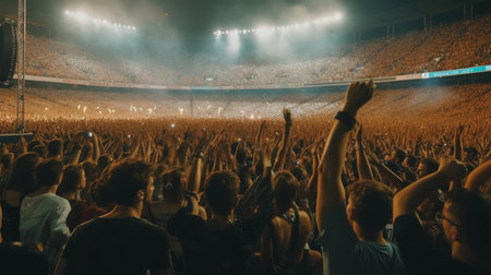 Crowd of people celebrating music festival concert in stadium. Generative AIの素材