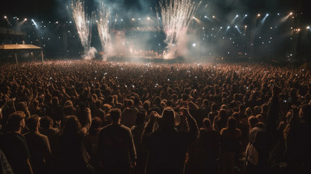 Crowd of people celebrating music festival concert in stadium. Generative AIの素材