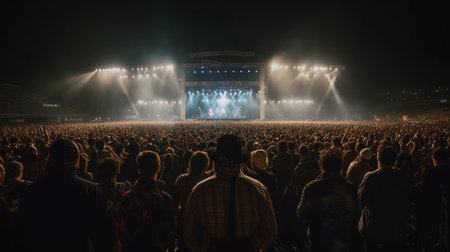 Crowd of people celebrating music festival concert in stadium. Generative AIの素材