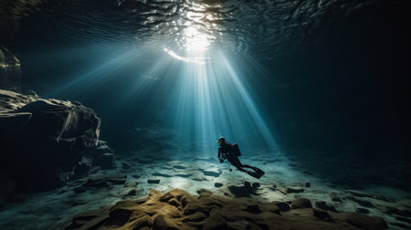 person with scuba diving swims through underwater cave. Generative AIの素材