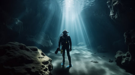 person with scuba diving swims through underwater cave. Generative AIの素材