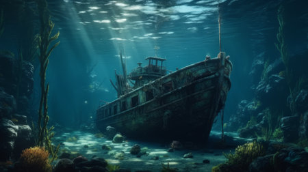 Sunken ship at the bottom of the ocean. Generative AIの素材