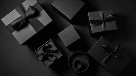 Top view photo of black gift boxes. Generative AIの素材
