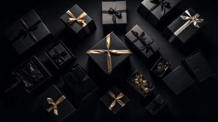 Top view photo of black gift boxes. Generative AIの素材