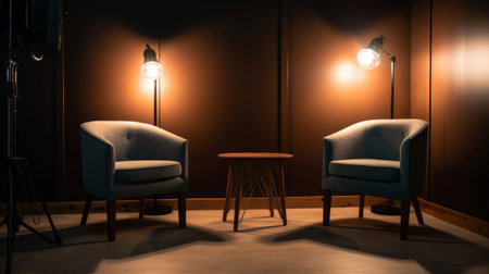 Two chairs and spotlights in podcast or interview room. Generative AIの素材