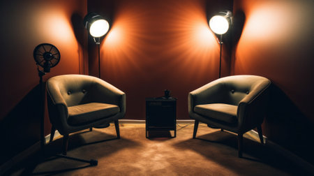 Two chairs and spotlights in podcast or interview room. Generative AIの素材