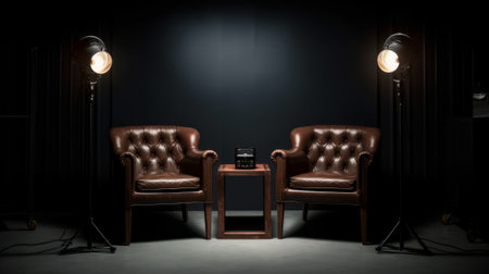 Two chairs and spotlights in podcast or interview room. Generative AIの素材