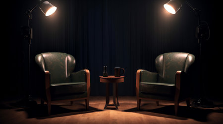 Two chairs and spotlights in podcast or interview room. Generative AIの素材