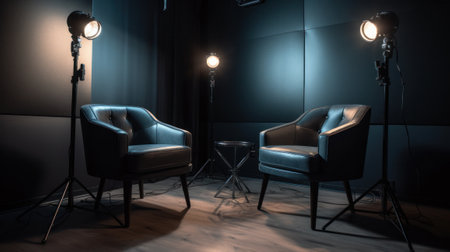 Two chairs and spotlights in podcast or interview room. Generative AIの素材