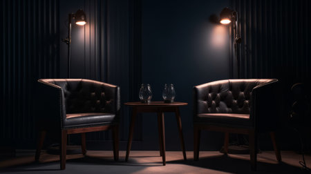 Two chairs and spotlights in podcast or interview room. Generative AIの素材