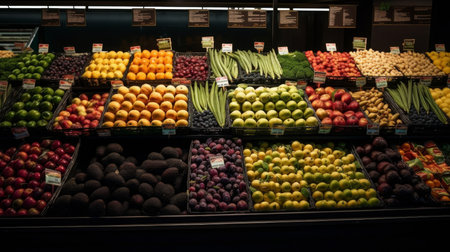 Panoramic food background with assortment of fresh fruits. Generative AIの素材