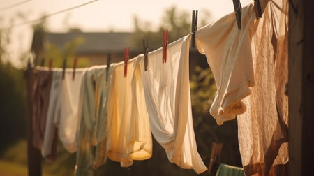 Washed clothes on clothesline drying on rope outside. Generative AIの素材