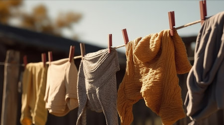 Washed clothes on clothesline drying on rope outside. Generative AIの素材