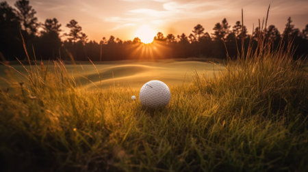 Golf ball sitting on top of a lush green golf course. Generative AIの素材