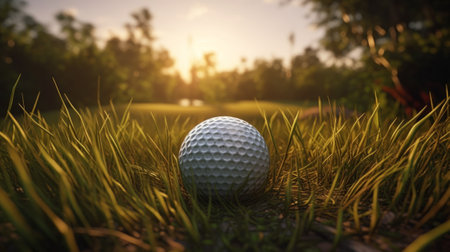 Golf ball sitting on top of a lush green golf course. Generative AIの素材