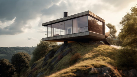 Beautiful house of modern architecture on top of a hil. Generative AIの素材