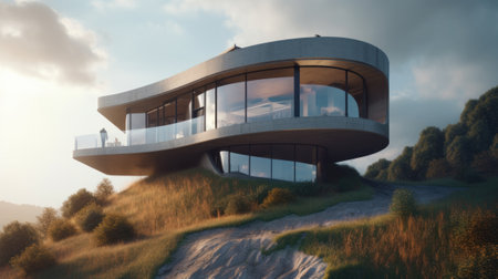 Beautiful house of modern architecture on top of a hil. Generative AIの素材