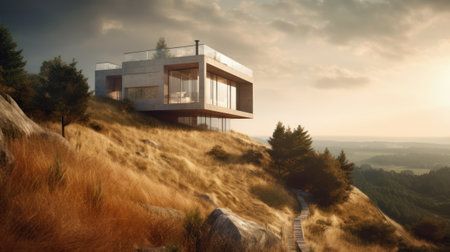 Beautiful house of modern architecture on top of a hil. Generative AIの素材