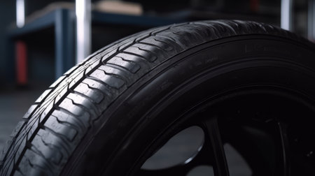 Automotive new black rubber tire wheels on a dark background. Generative AIの素材