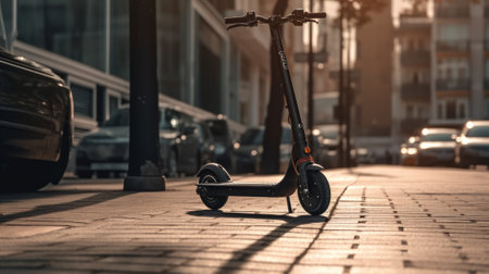Electric scooter stands in the city. Generative AIの素材