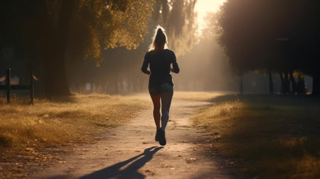 Girl jogging in the park on a sunny morning. Generative AIの素材