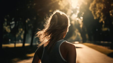 Girl jogging in the park on a sunny morning. Generative AIの素材