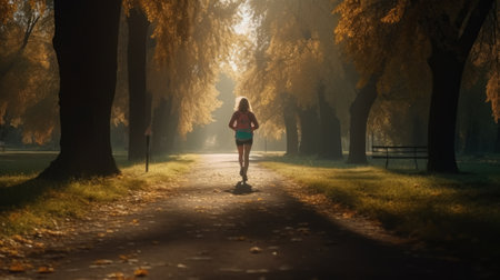 Girl jogging in the park on a sunny morning. Generative AIの素材