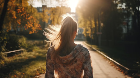 Girl jogging in the park on a sunny morning. Generative AIの素材
