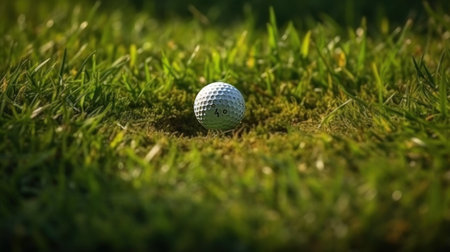 Golf ball sitting on top of a lush green golf course. Generative AIの素材