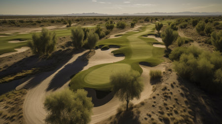 Green grass and woods on a golf field. Generative AIの素材