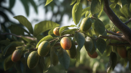 Ripe Mango tropical fruit hanging on tree. Generative AIの素材