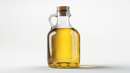 Virgin olive oil in a crystal bottle on wooden background. Generative AIの素材