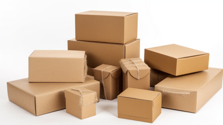 variety of brown cardboard boxes and parcels on white background. Generative AIの素材