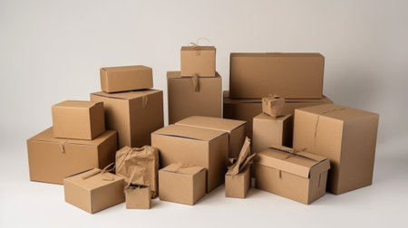 variety of brown cardboard boxes and parcels on white background. Generative AIの素材