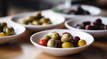 Various pickled olives in a white plate on the table. Generative AIの素材