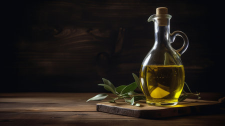 Virgin olive oil in a crystal bottle on wooden background. Generative AIの素材