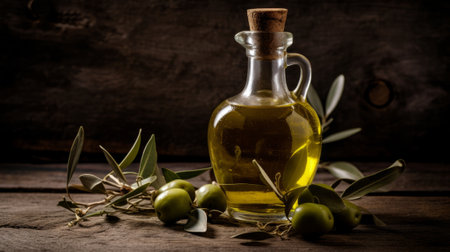 Virgin olive oil in a crystal bottle on wooden background. Generative AIの素材