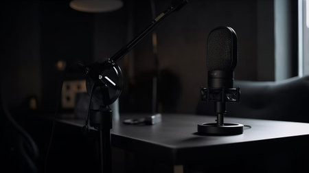 studio microphone stands on a table for recording a podcast. Generative AI