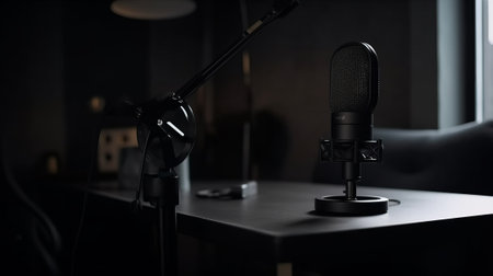 studio microphone stands on a table for recording a podcast. Generative AIの素材