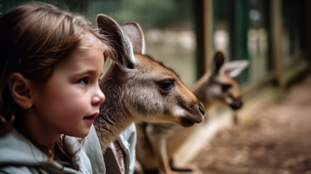 Children look at kangaroos in the zoo. Generative AIの素材