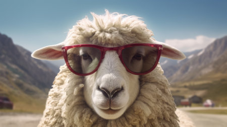 Funny sheep wearing sunglasses. Generative AIの素材