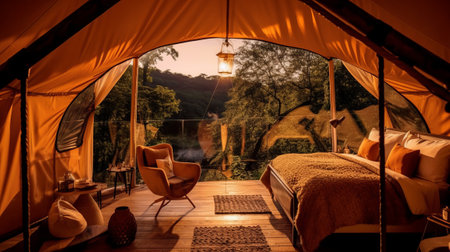 Glamping in the beautiful place. Generative AIの素材